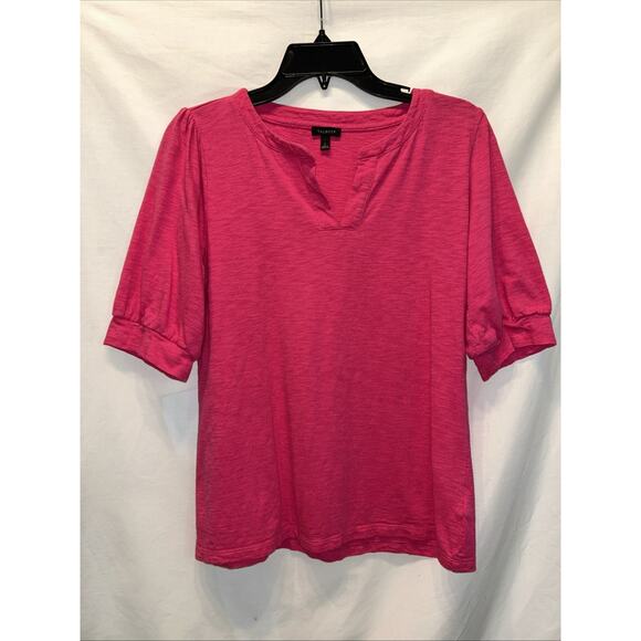 Talbots Small Pink Slub Knit Split Neck Puff Sleeve Tee Top Athleisure - Picture 1 of 12